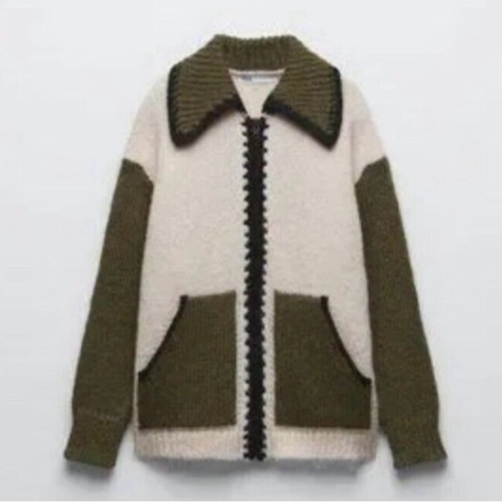 NWT Zara Chunky Soft Colorblock Full Zip Cardigan Patchwork Pockets Size XL - Picture 5 of 12